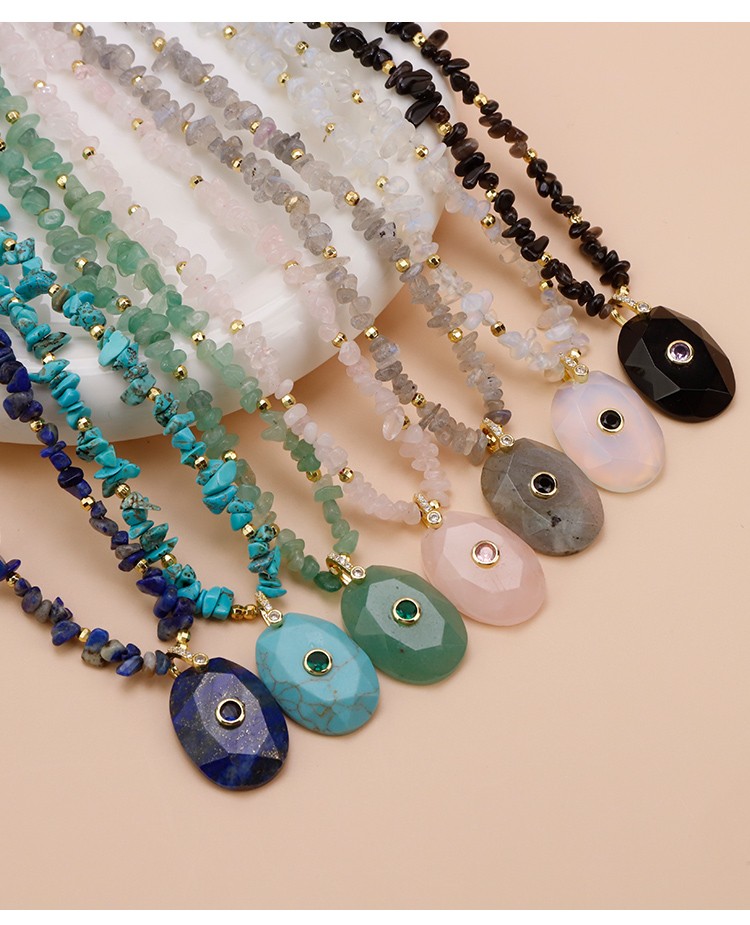 Natural Stone Statement Necklace with Faceted Oval Rhinestone Clasp