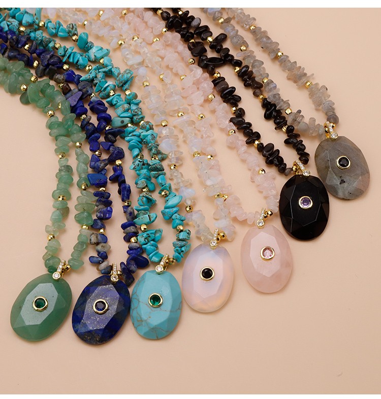 Natural Stone Statement Necklace with Faceted Oval Rhinestone Clasp