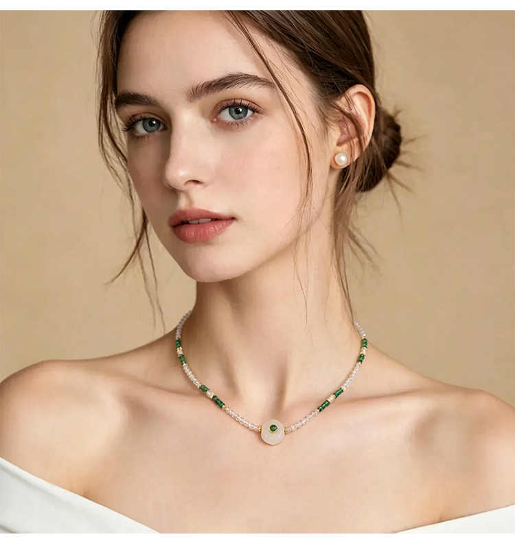 Clear Quartz and Green Agate Necklace with Pearl and Faceted Gemstone Beads Clear Quartz and Green Agate Necklace with Pearl and Faceted Gemstone Beads