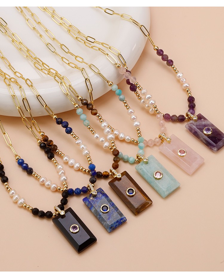 Faceted Natural Stone and Pearl Necklace with Stainless Steel Chain Faceted Natural Stone and Pearl Necklace with Stainless Steel Chain