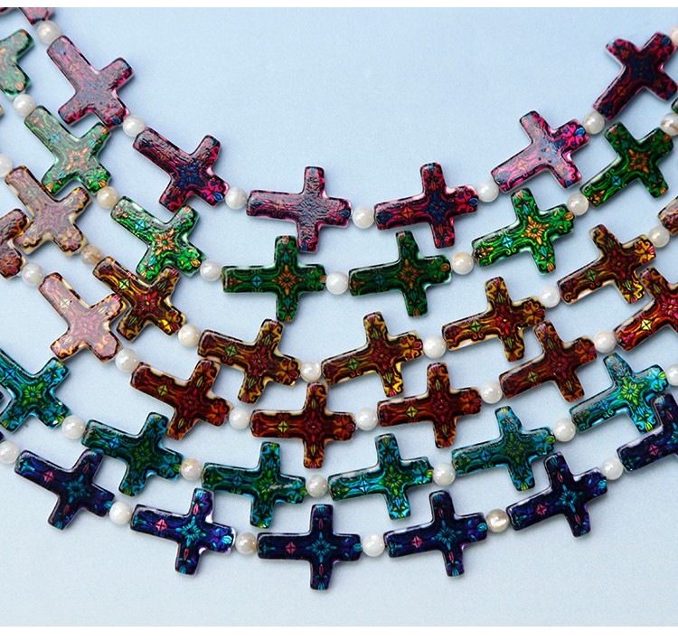Printed Rectangle Shell Cross Bead Strand Printed Rectangle Shell Cross Bead Strand