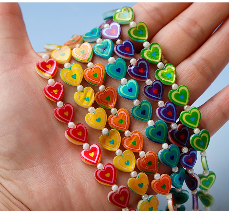 Printed Rectangle Shell Heart Bead Strand