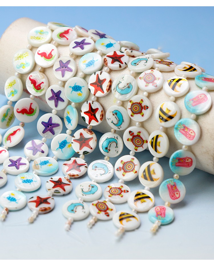 Printed Shell Disc Marine Theme Bead Strand Printed Shell Disc Marine Theme Bead Strand