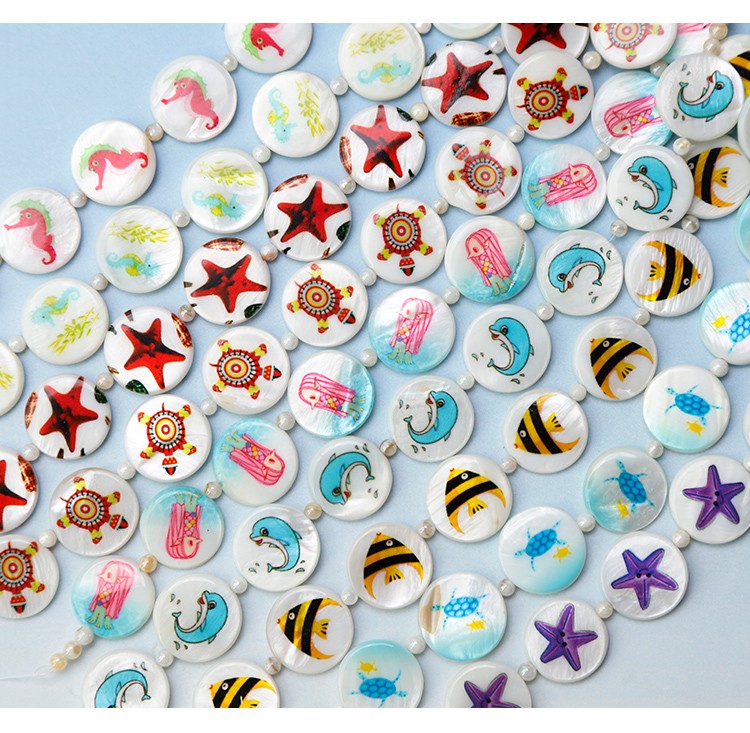 Printed Shell Disc Marine Theme Bead Strand Printed Shell Disc Marine Theme Bead Strand