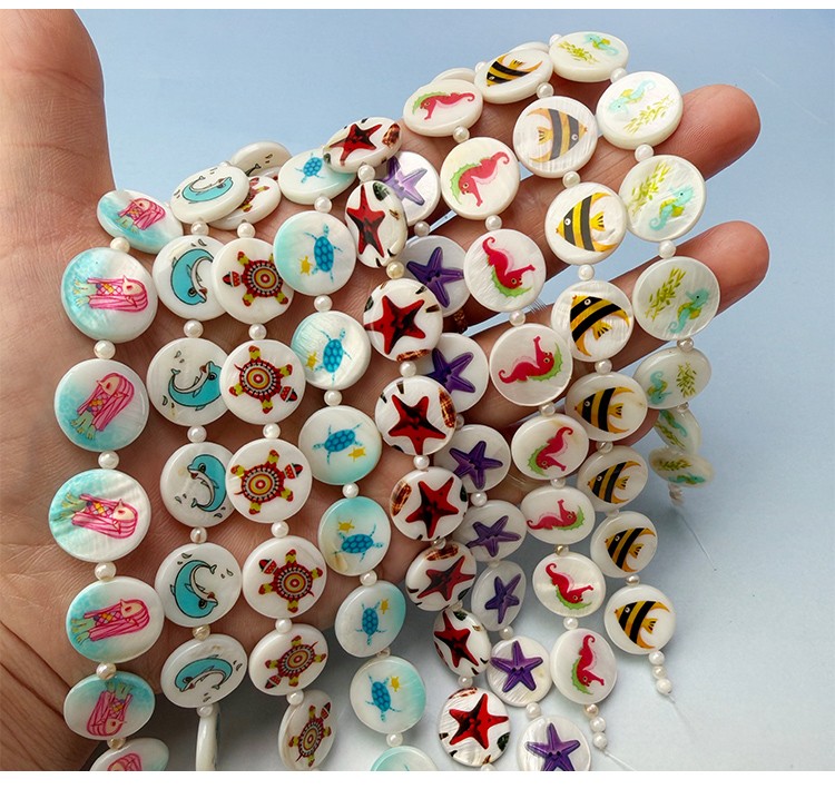 Printed Shell Disc Marine Theme Bead Strand Printed Shell Disc Marine Theme Bead Strand