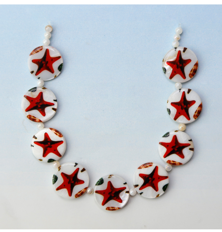 Printed Shell Disc Marine Theme Bead Strand Printed Shell Disc Marine Theme Bead Strand