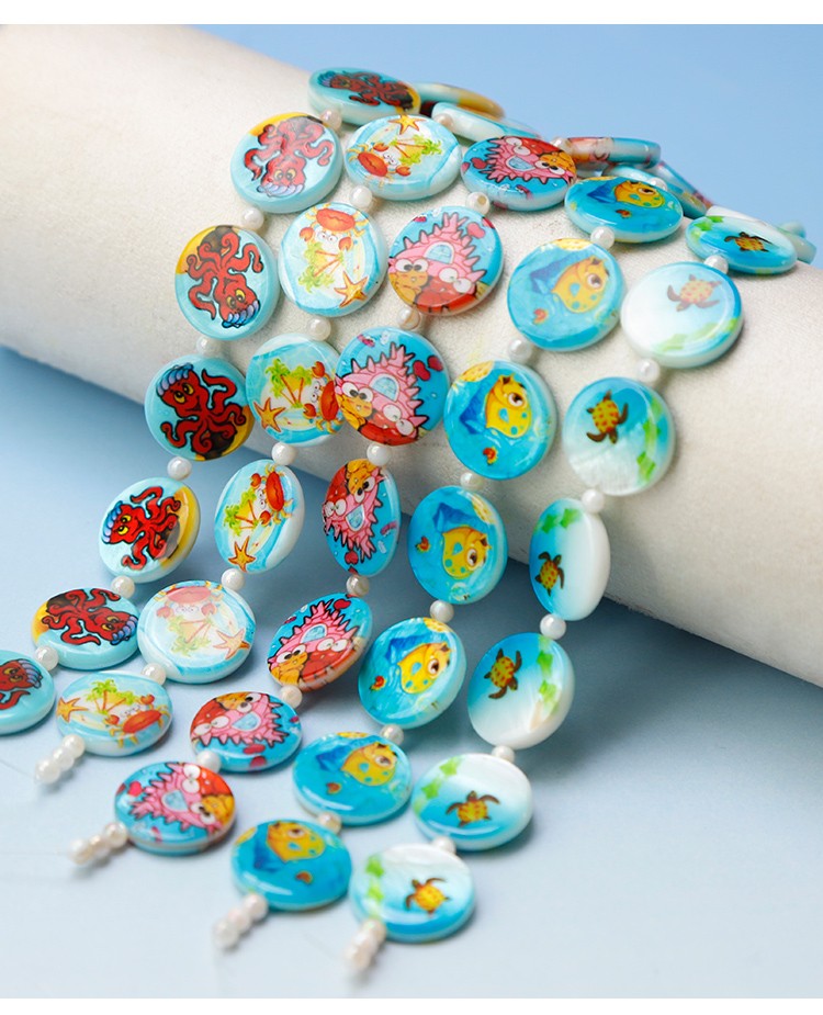 Printed Shell Disc Blue Ocean Theme Bead Strand