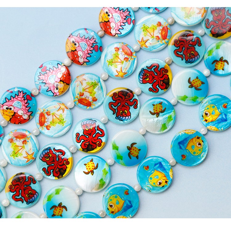 Printed Shell Disc Blue Ocean Theme Bead Strand