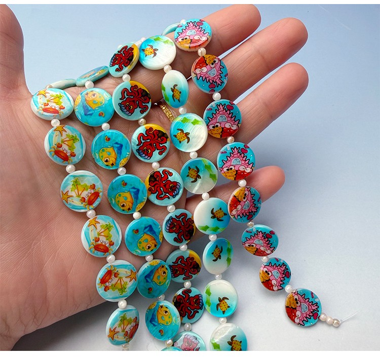 Printed Shell Disc Blue Ocean Theme Bead Strand