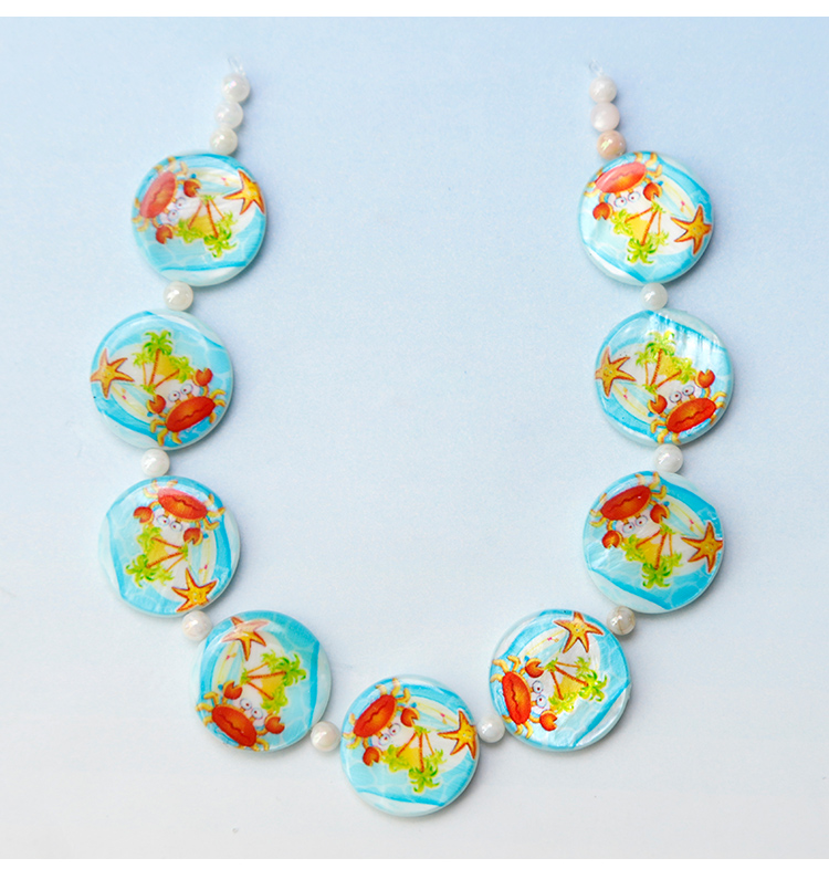 Printed Shell Disc Blue Ocean Theme Bead Strand