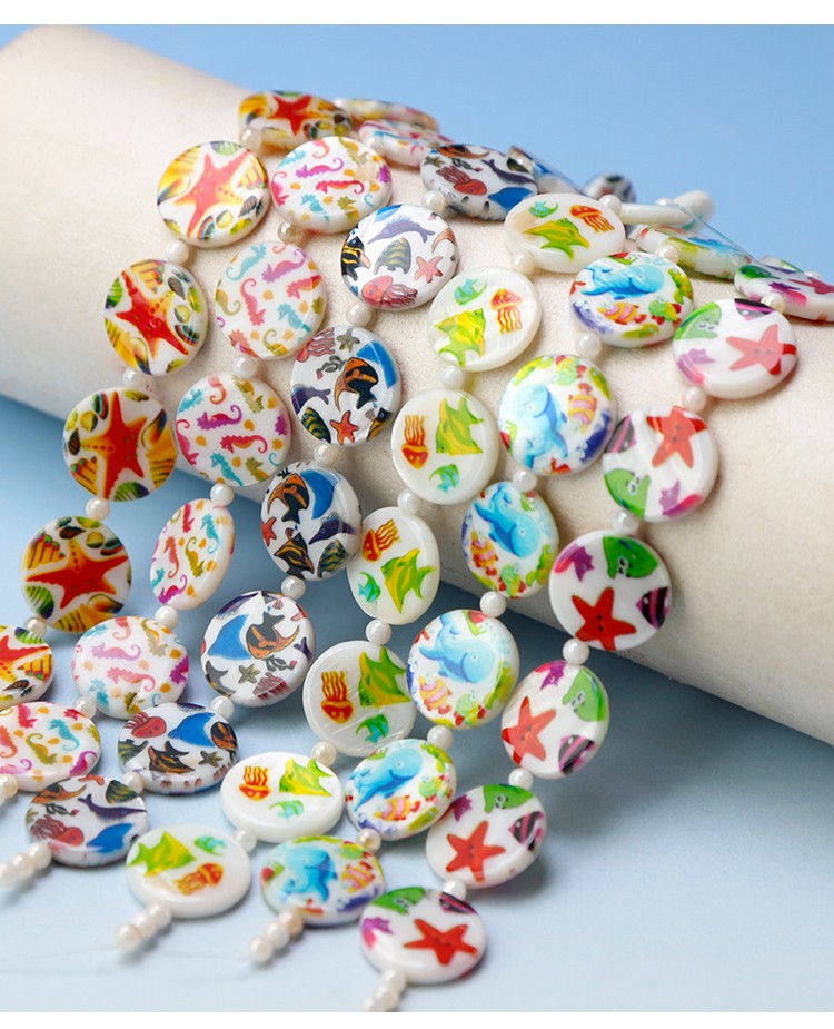 Printed Shell Disc White Base Marine Theme Bead Strand Printed Shell Disc White Base Marine Theme Bead Strand
