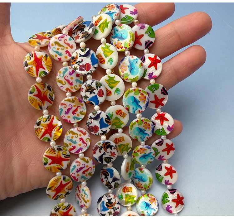 Printed Shell Disc White Base Marine Theme Bead Strand Printed Shell Disc White Base Marine Theme Bead Strand