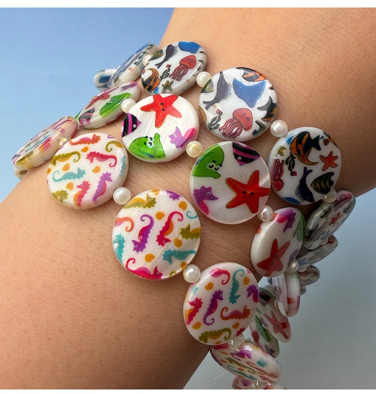 Printed Shell Disc White Base Marine Theme Bead Strand Printed Shell Disc White Base Marine Theme Bead Strand