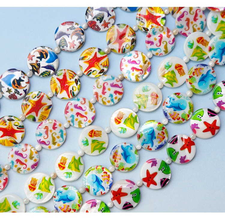 Printed Shell Disc White Base Marine Theme Bead Strand Printed Shell Disc White Base Marine Theme Bead Strand