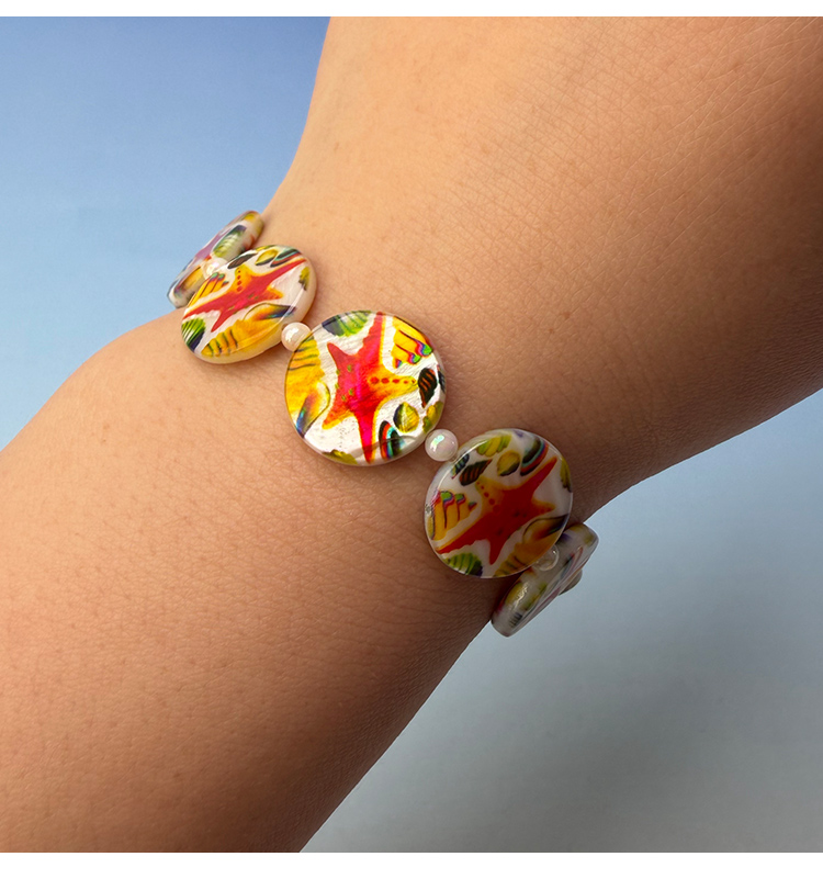 Printed Shell Disc White Base Marine Theme Bead Strand Printed Shell Disc White Base Marine Theme Bead Strand