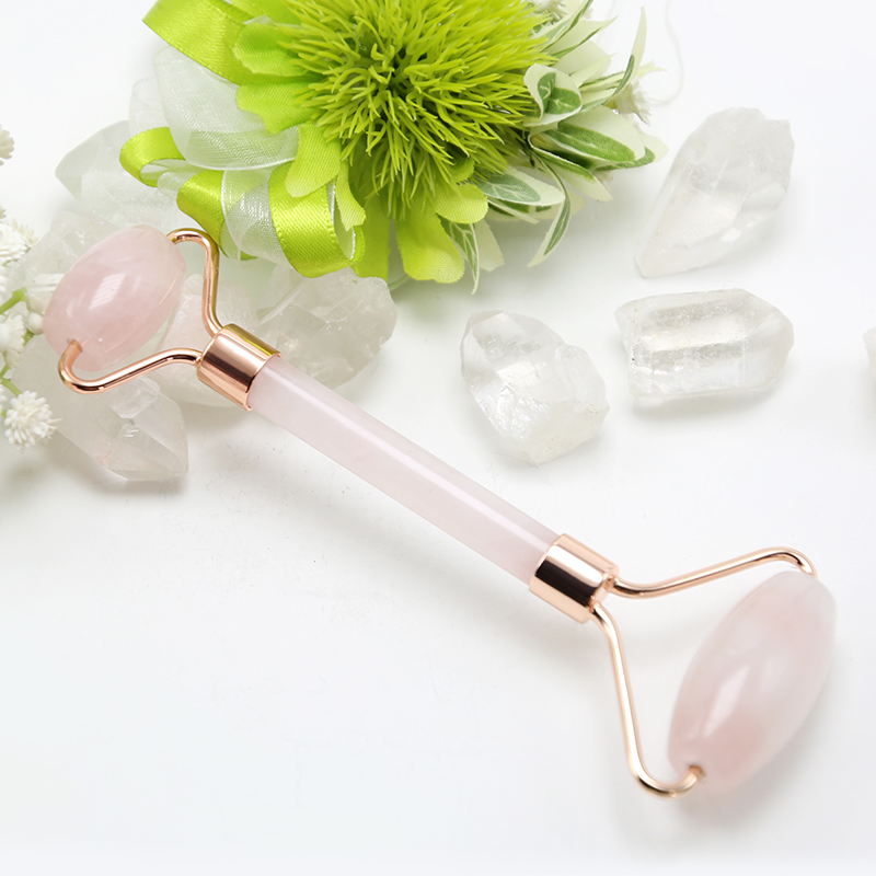 Hot Sell Face Roller Gift Beauty Stick with Natural Rose Quartz Gemstone Skin Care Beauty Product with Gold Plated