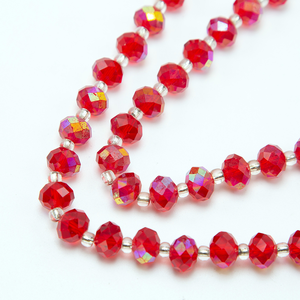 10x8mm Red Faceted Rondelle Beads with Half Multi Iris Plated