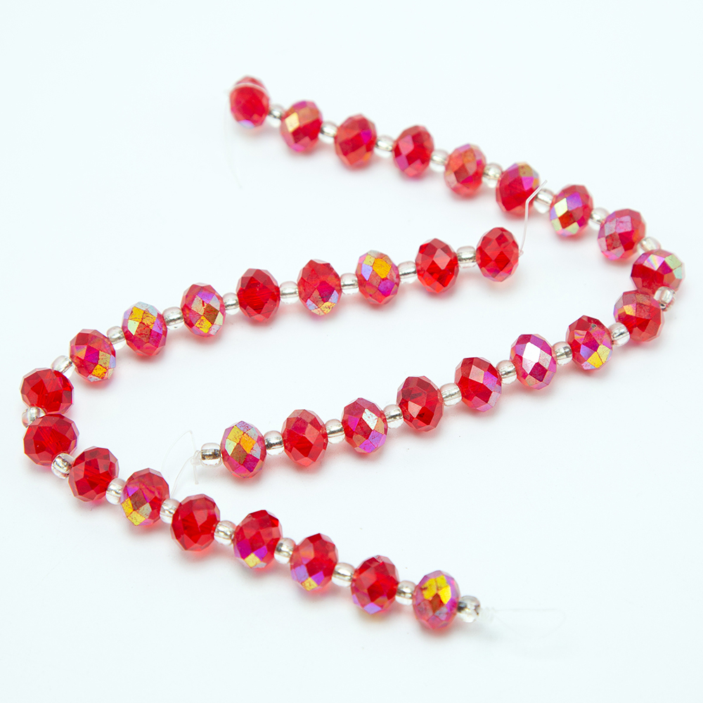 10x8mm Red Faceted Rondelle Beads with Half Multi Iris Plated