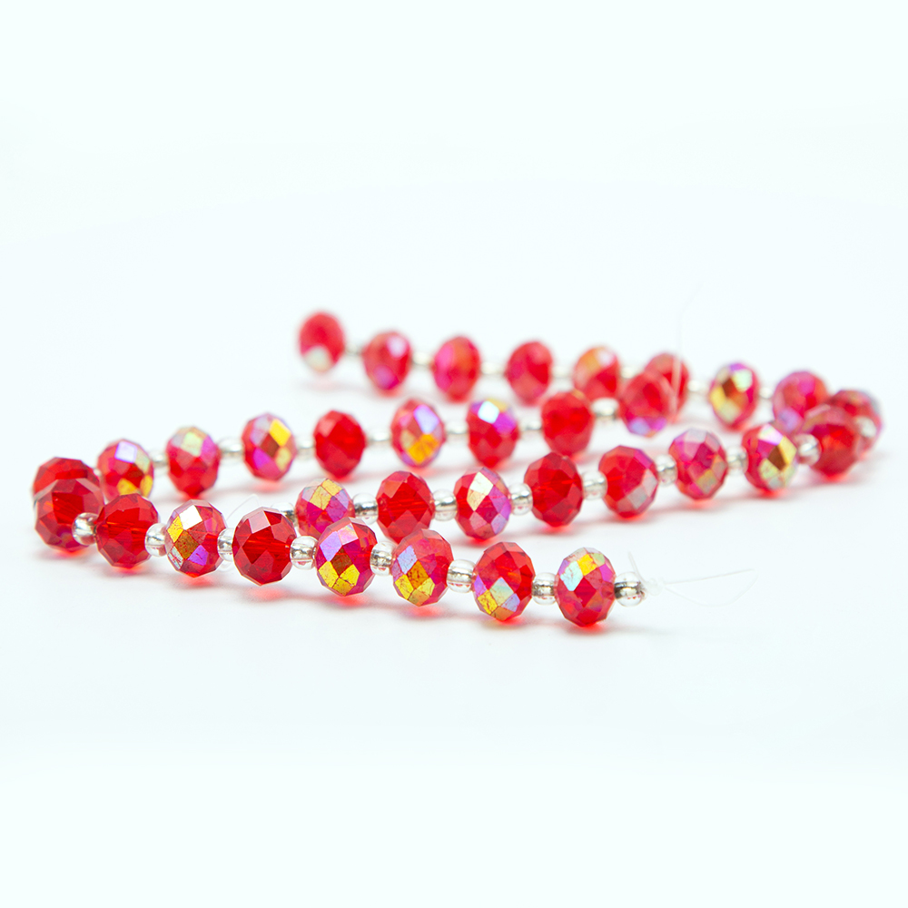 10x8mm Red Faceted Rondelle Beads with Half Multi Iris Plated