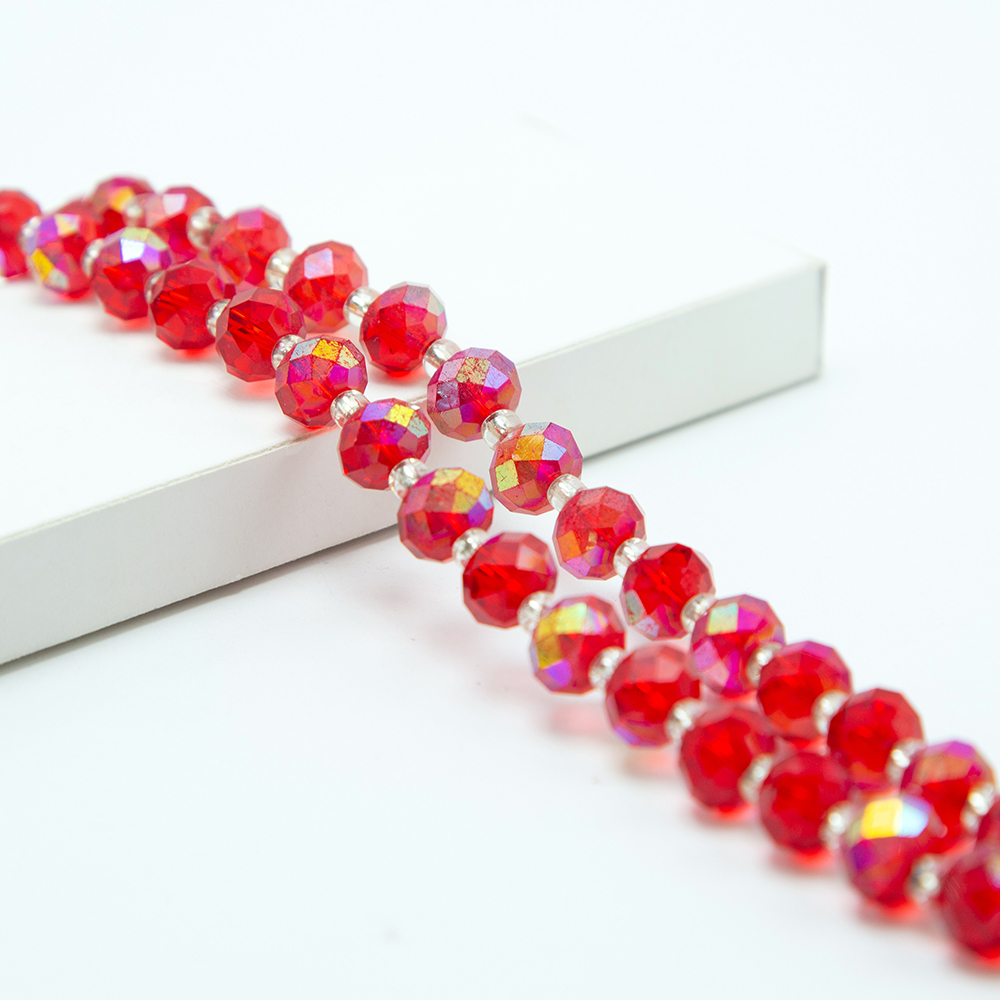 10x8mm Red Faceted Rondelle Beads with Half Multi Iris Plated