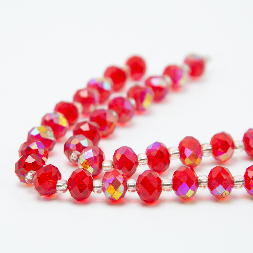 10x8mm Red Faceted Rondelle Beads with Half Multi Iris Plated