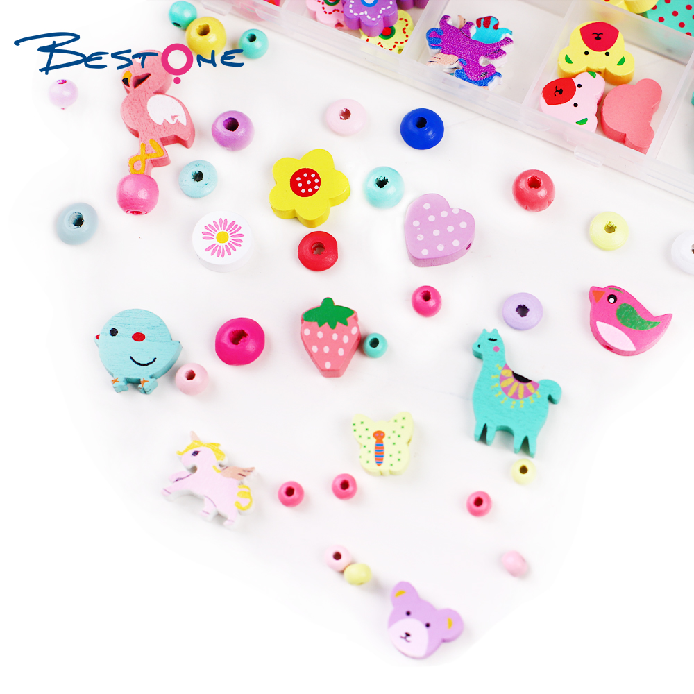 Bestone Fashion Popular Multiple Shapes Wooden Beads Kids Set DIY Jewelry Making