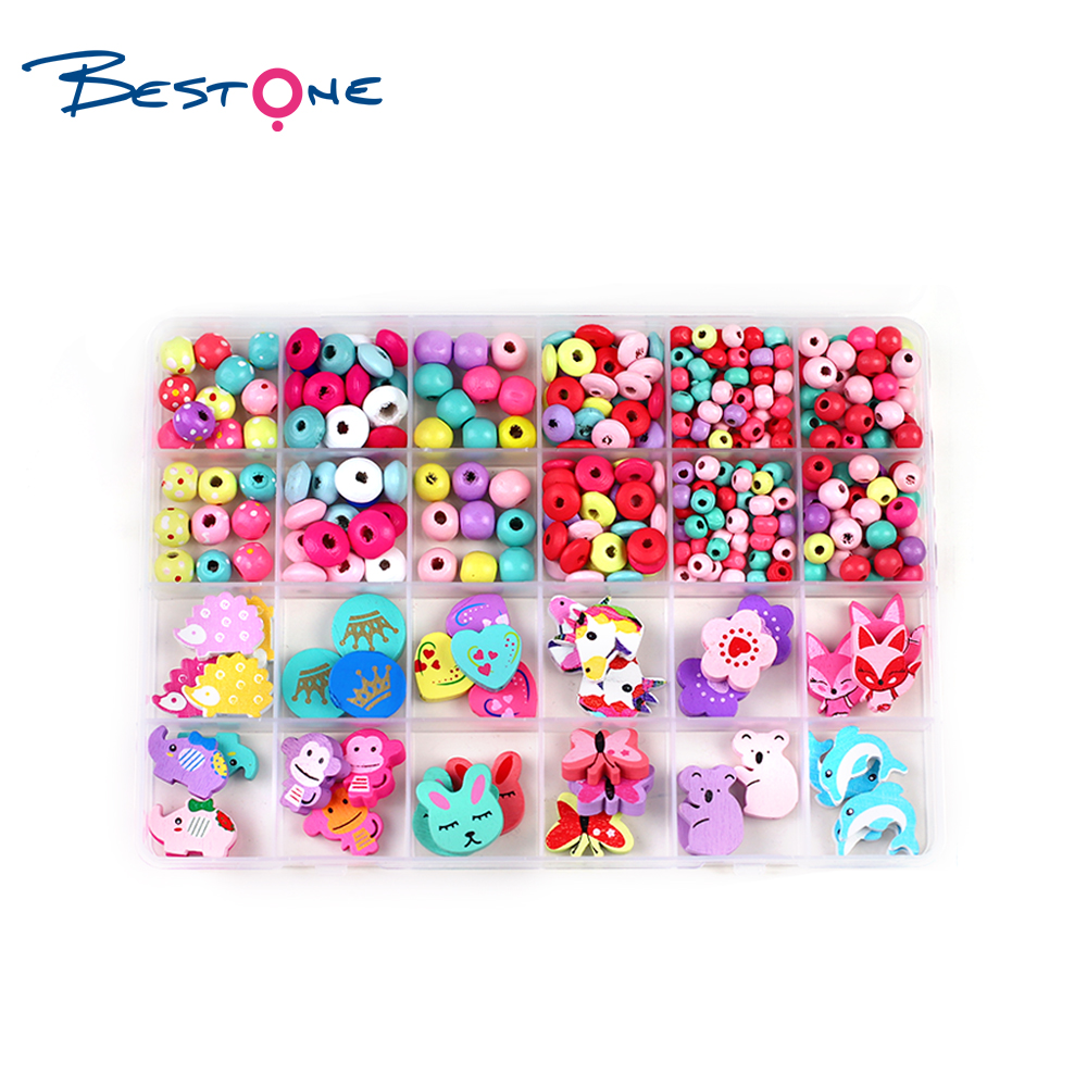 Bestone Fashion Popular Multiple Shapes Wooden Beads Kids Set DIY Jewelry Making