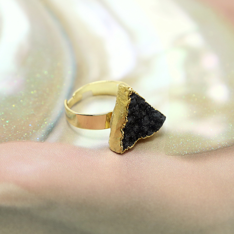 Triangle Gemstone Handmade Black Agate Druzy Ring