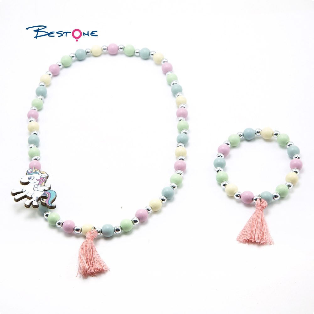 Girls Unicorn Wood Bracelet Necklace Set