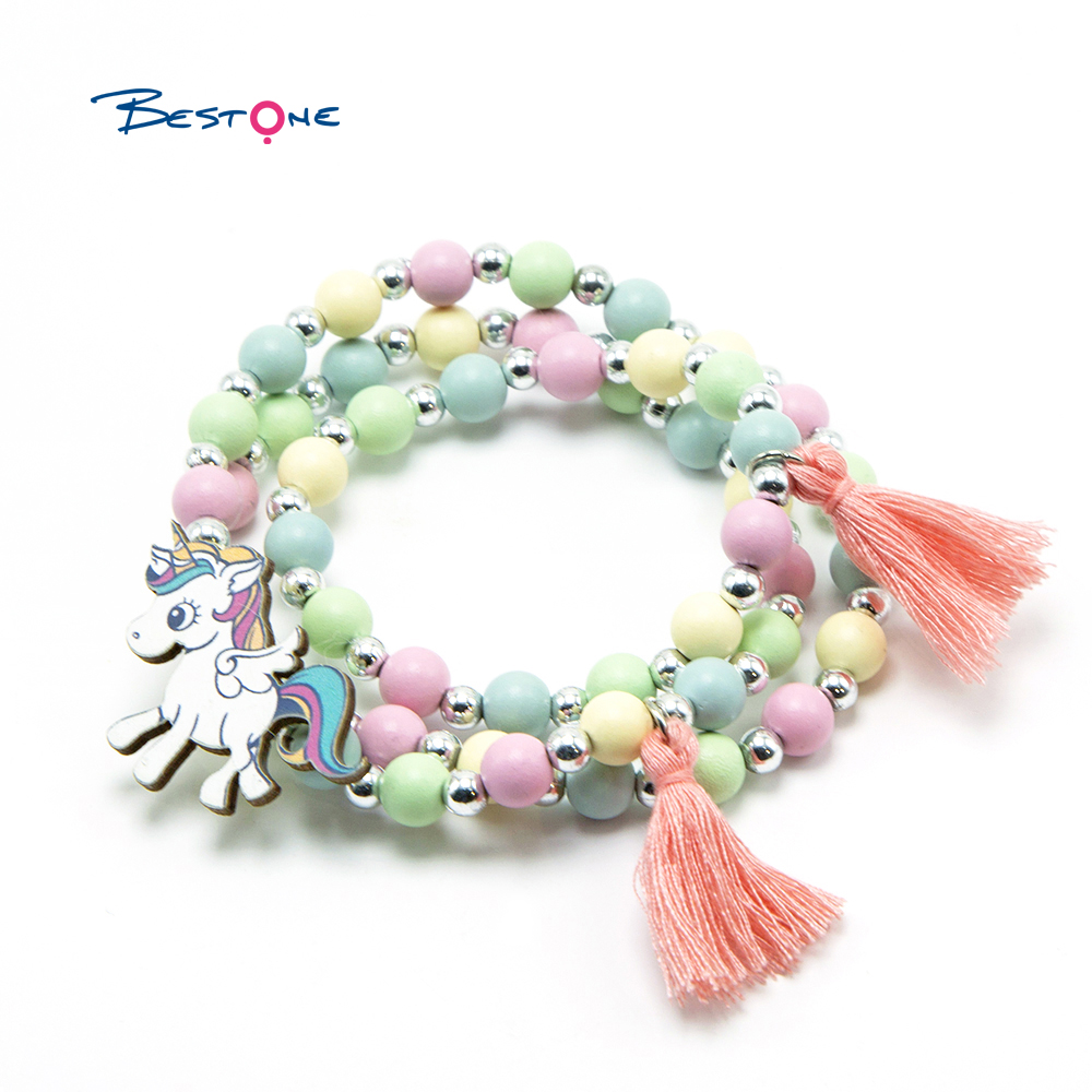 Girls Unicorn Wood Bracelet Necklace Set