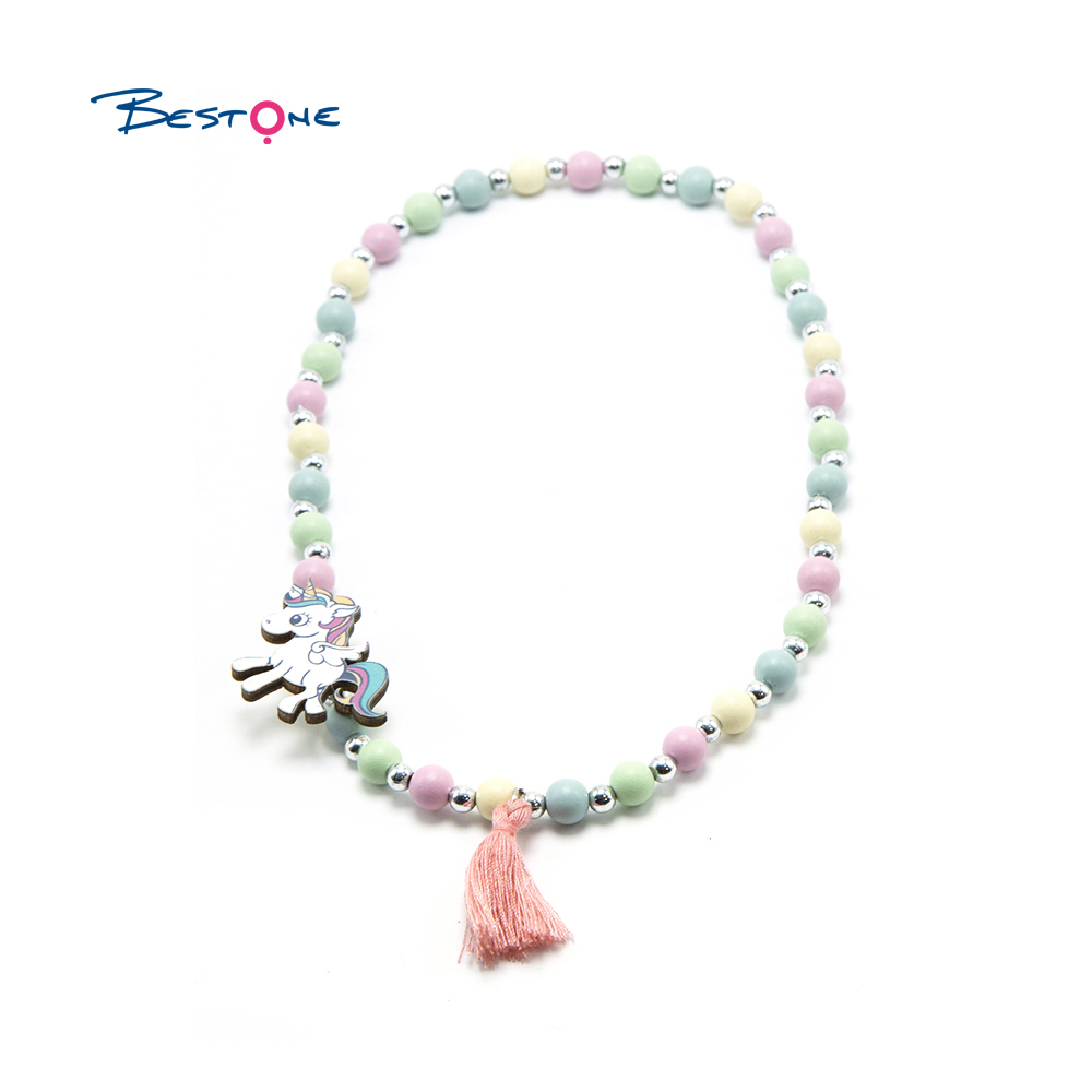 Girls Unicorn Wood Bracelet Necklace Set