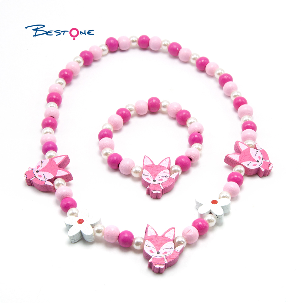 Girls Fox Wood Bracelet Necklace Set
