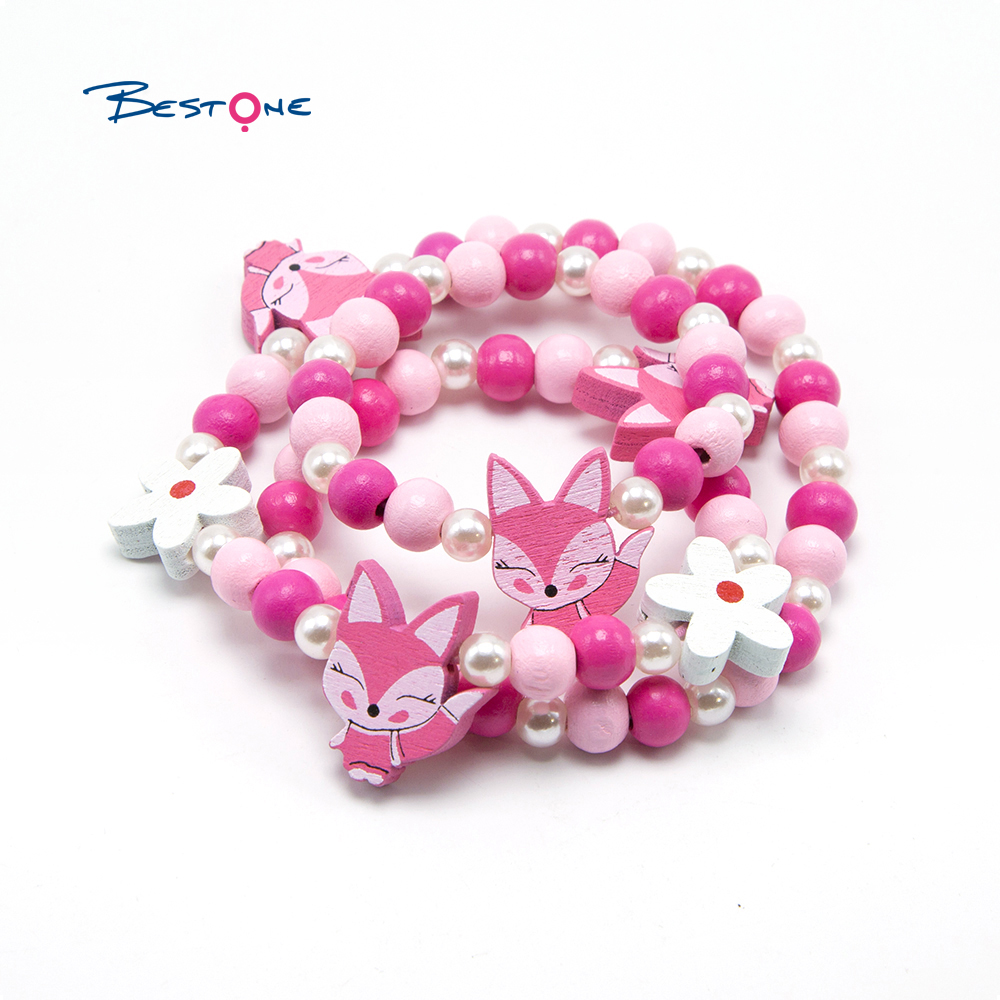 Girls Fox Wood Bracelet Necklace Set