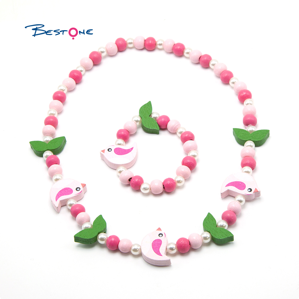 Girls Bird Wood Bracelet Necklace Set