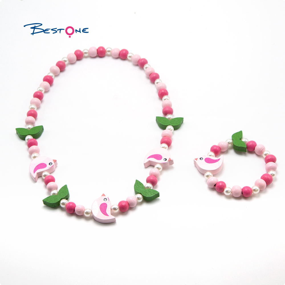 Girls Bird Wood Bracelet Necklace Set