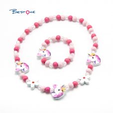 Girls Cute Unicorn Wood Bracelet Necklace Set