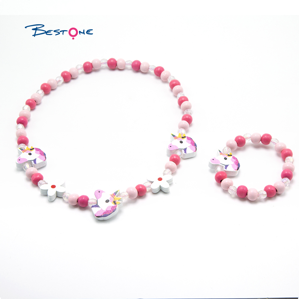 Girls Cute Unicorn Wood Bracelet Necklace Set