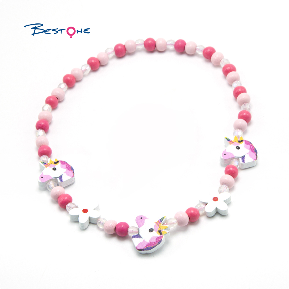 Girls Cute Unicorn Wood Bracelet Necklace Set