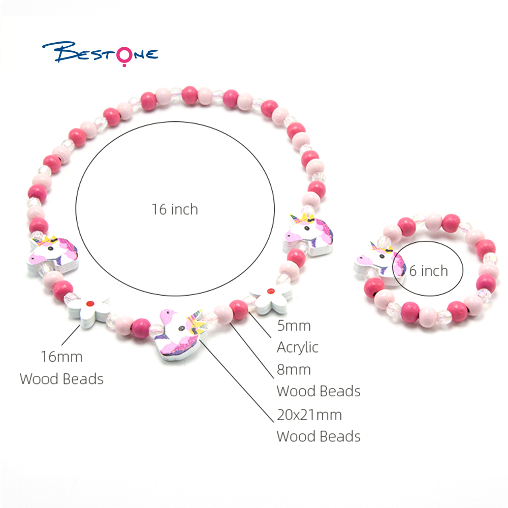 Girls Cute Unicorn Wood Bracelet Necklace Set