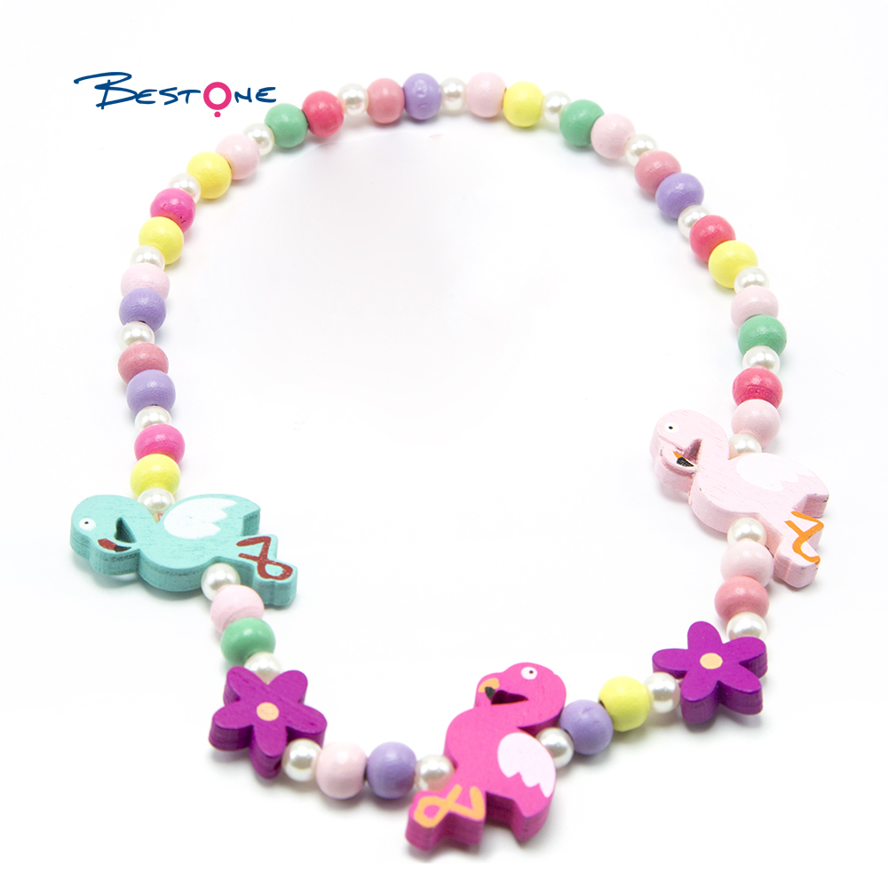 Girls Flamingo Wood Bracelet Necklace Set