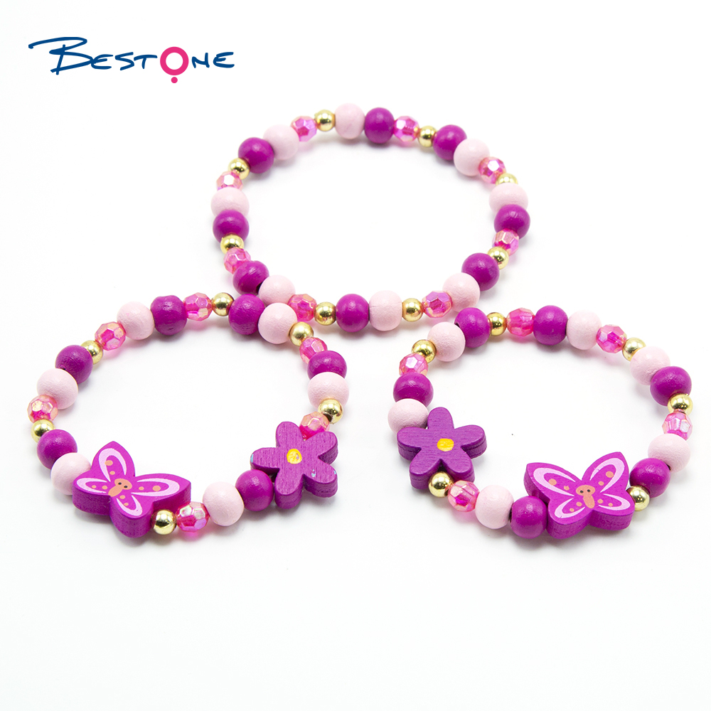 Girls Flowers Wood Bracelets Set