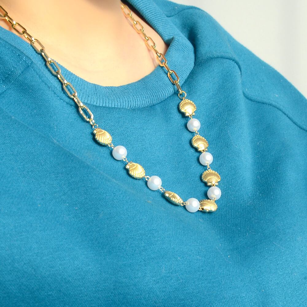 Pearl and Gold Shell Chain Necklace
