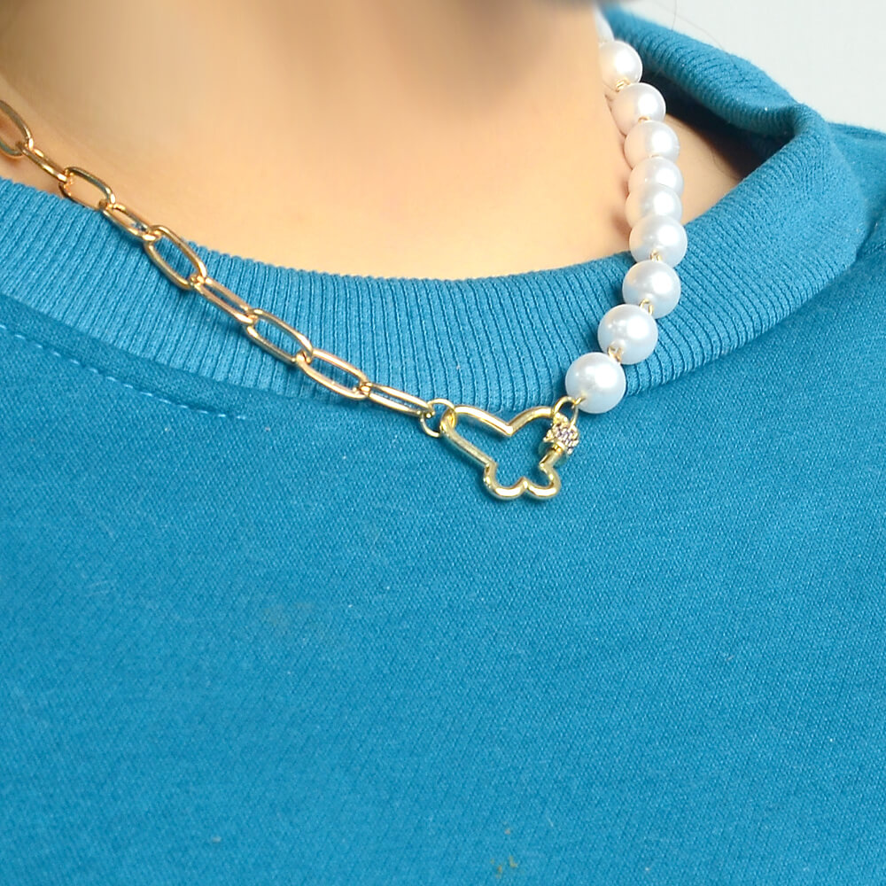 Butterfly Carabiner Half  Pearl Half Gold Chain Necklace