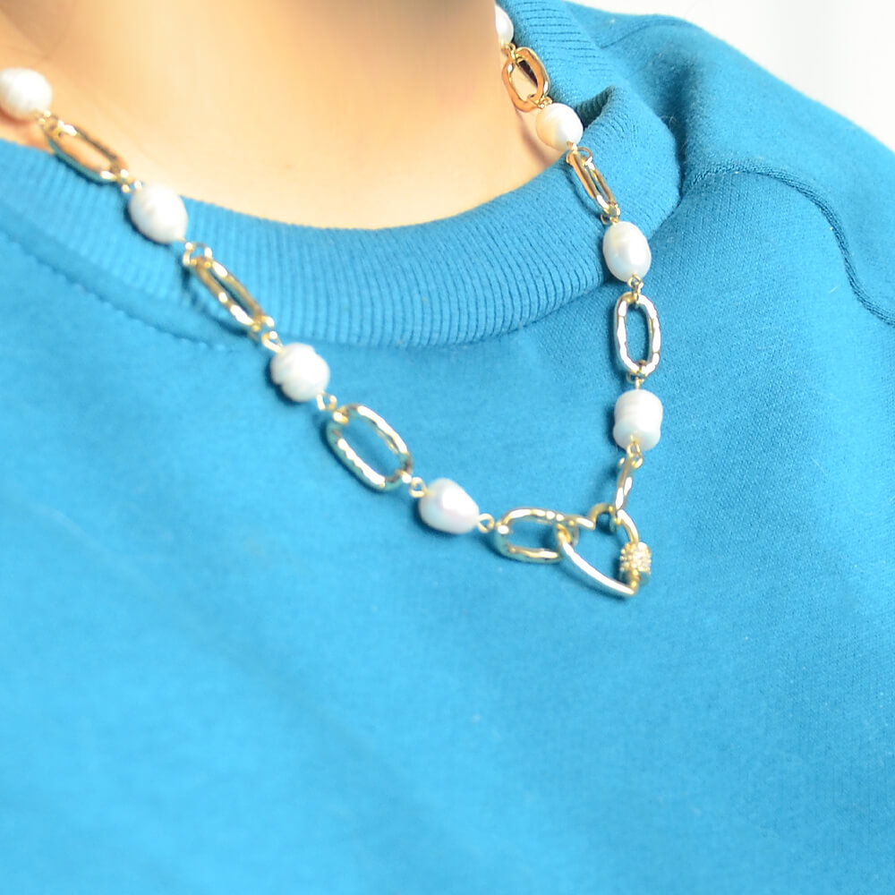 Heart Carabiner Pearl Gold Chain Necklace