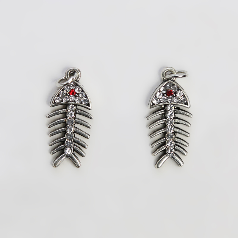 Rhinestone Fish Bone Antique Silver Charm