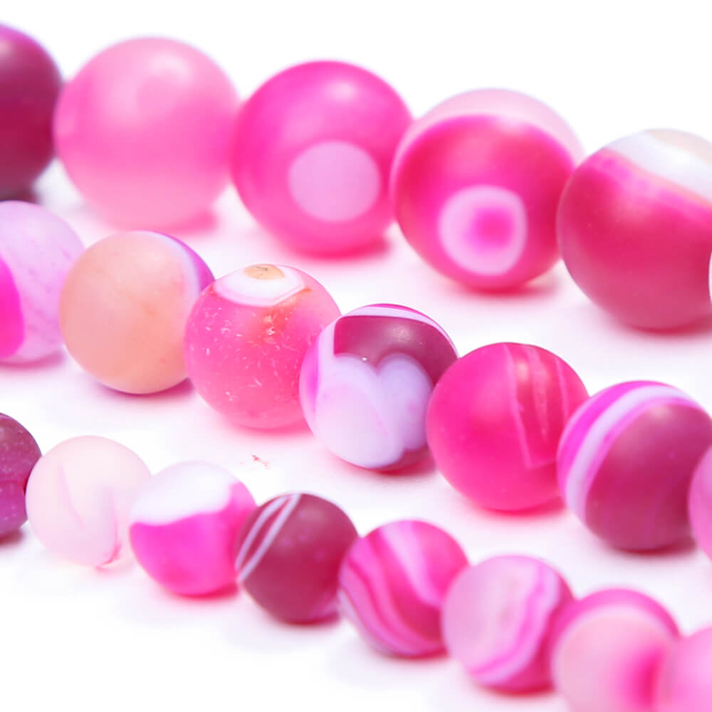 Hot Pink Matte Striped Agate Round Beads