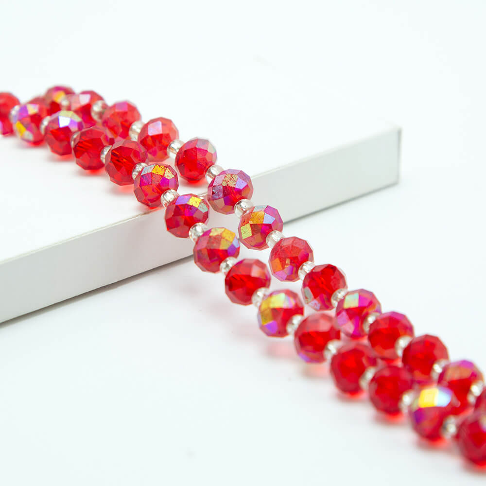Red Faceted Rondelle Beads with Half Multi Iris Plated