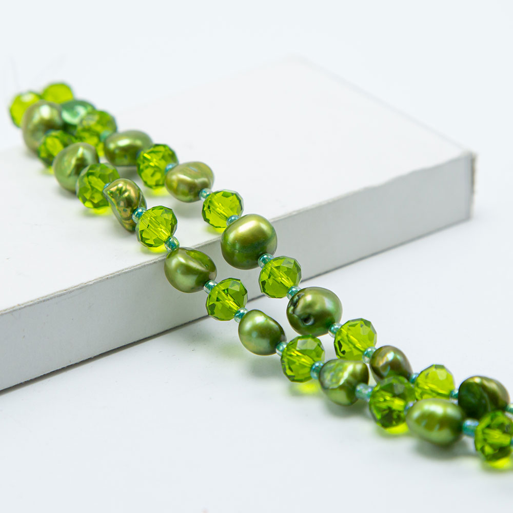 Green Faceted Rondelle Glass Beads and Dyed Pearl Beads