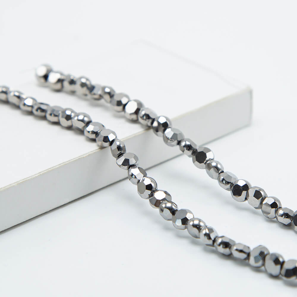 Silver Glass Beads Faceted Lentil Beads