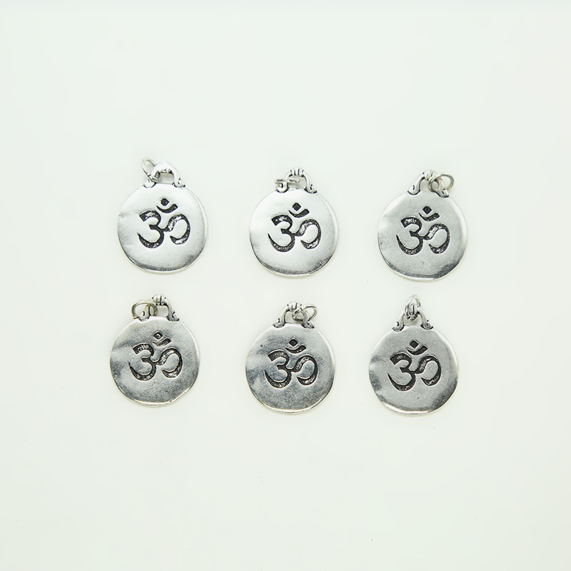 Round Lentil Carved AUM symbol Antique Silver Charm